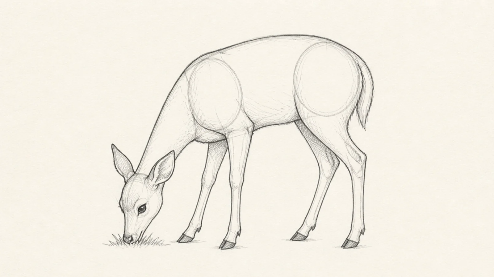 A deer drawn with its head lowered to graze