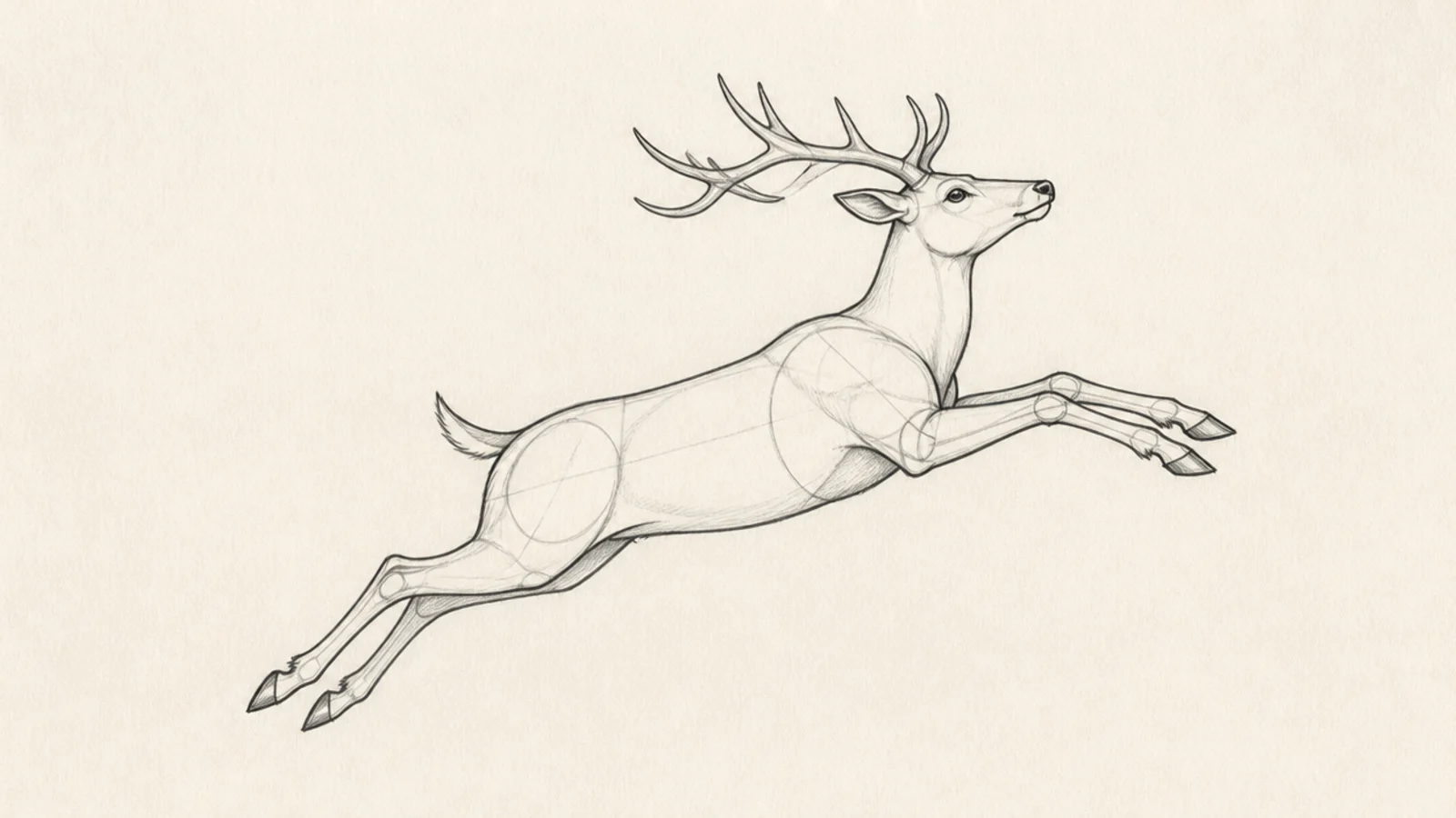 A deer drawn mid-leap with legs stretched out