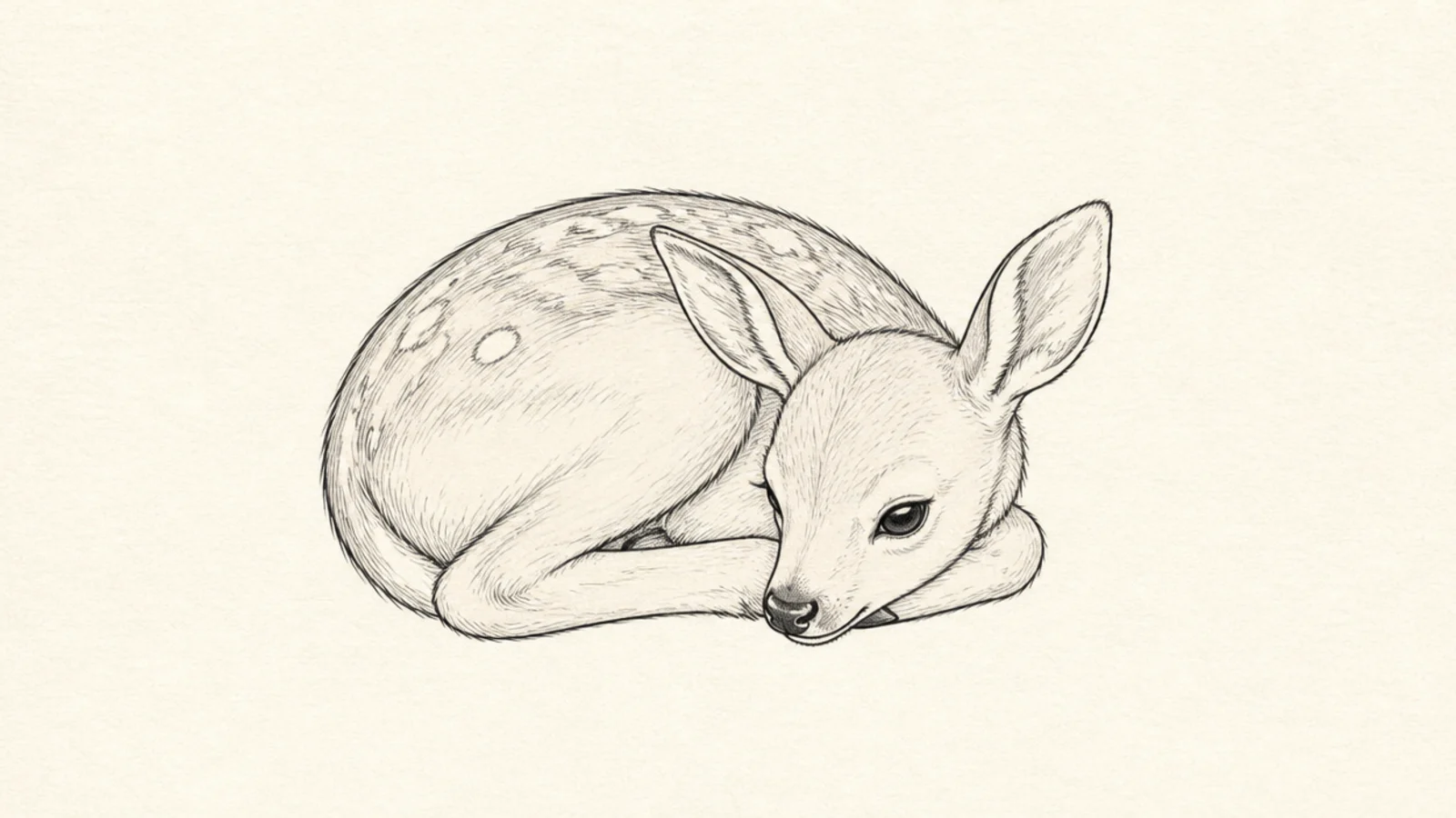 A baby deer curled up and sitting with legs tucked under