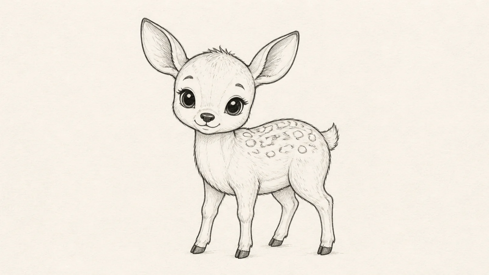 A small standing baby deer with short legs and spots