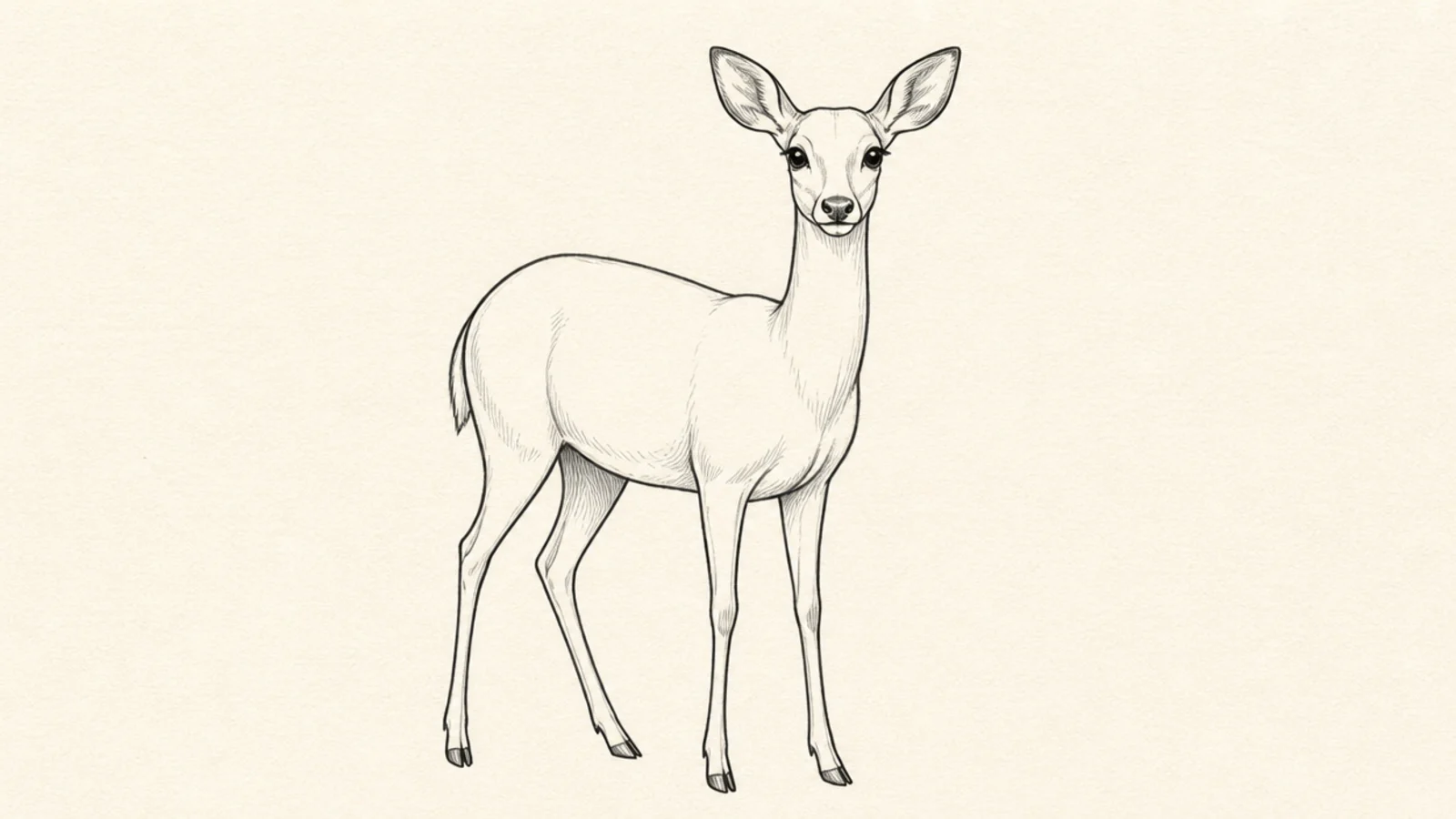 A slender female deer with no antlers standing calmly