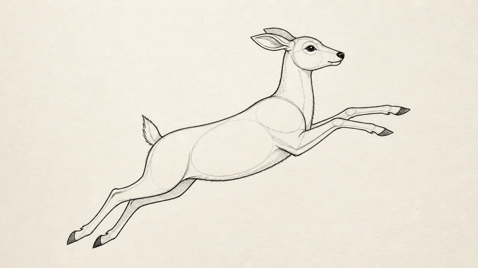 A deer mid-leap with front legs forward and back legs stretched behind