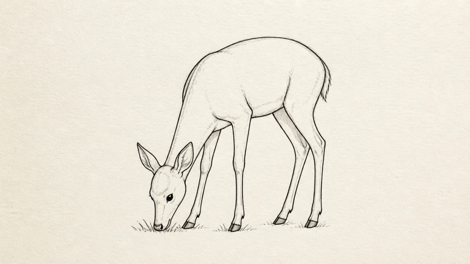 A deer with its head lowered to the ground as if eating grass
