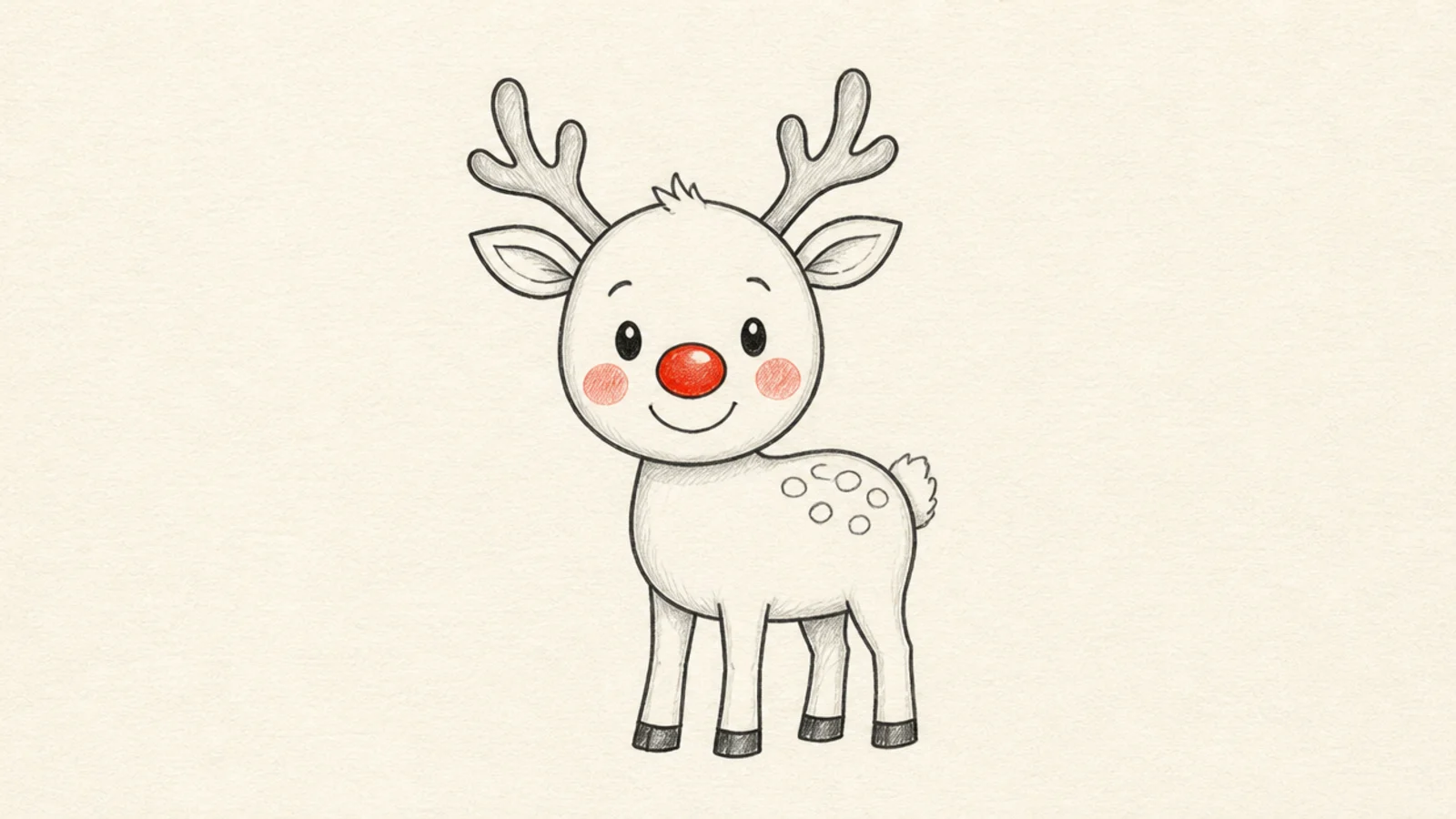 A cute cartoon reindeer with a round red nose and simple antlers