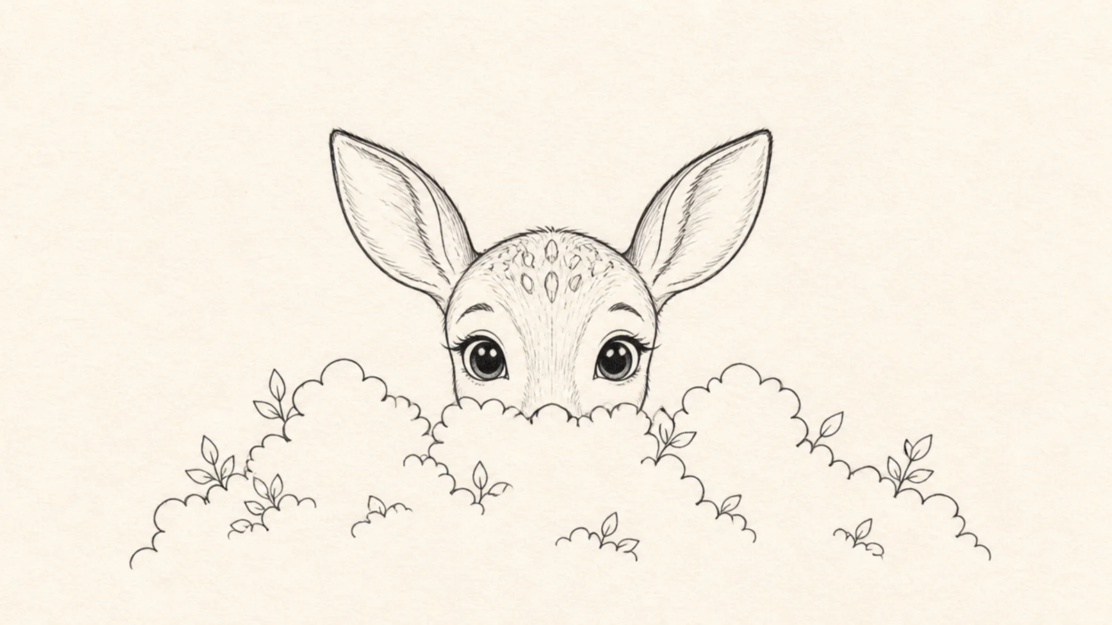 A shy deer peeking out from behind a bush showing only its head and ears