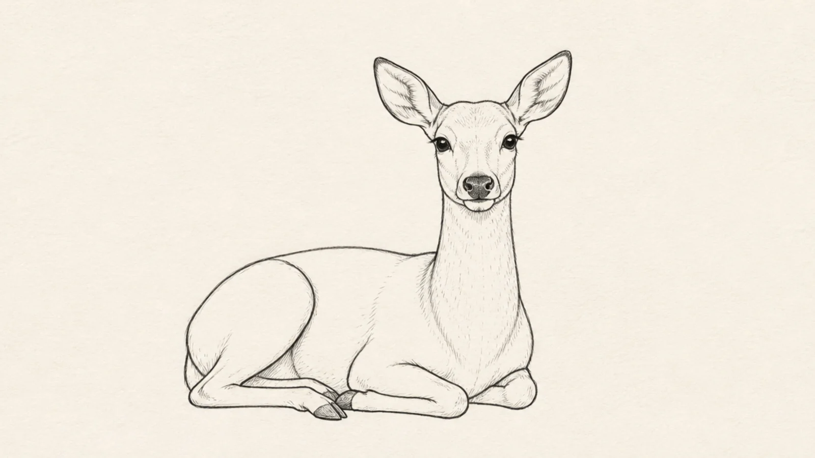 A calm deer lying down with legs folded beneath its body