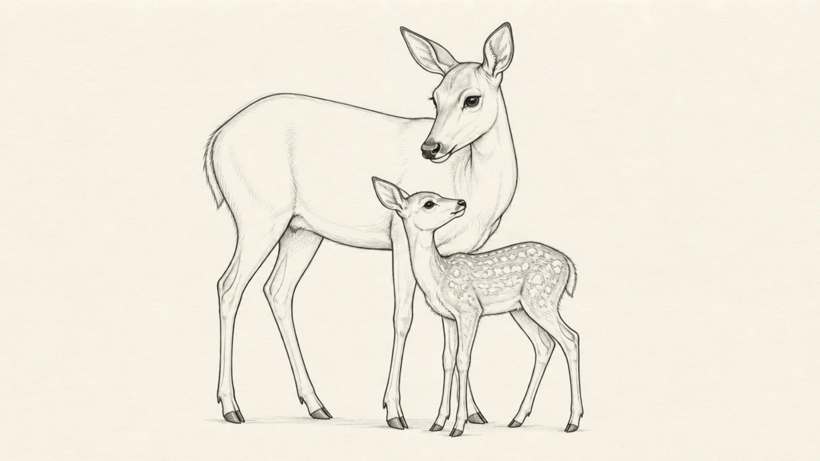 A larger doe standing beside a small spotted fawn
