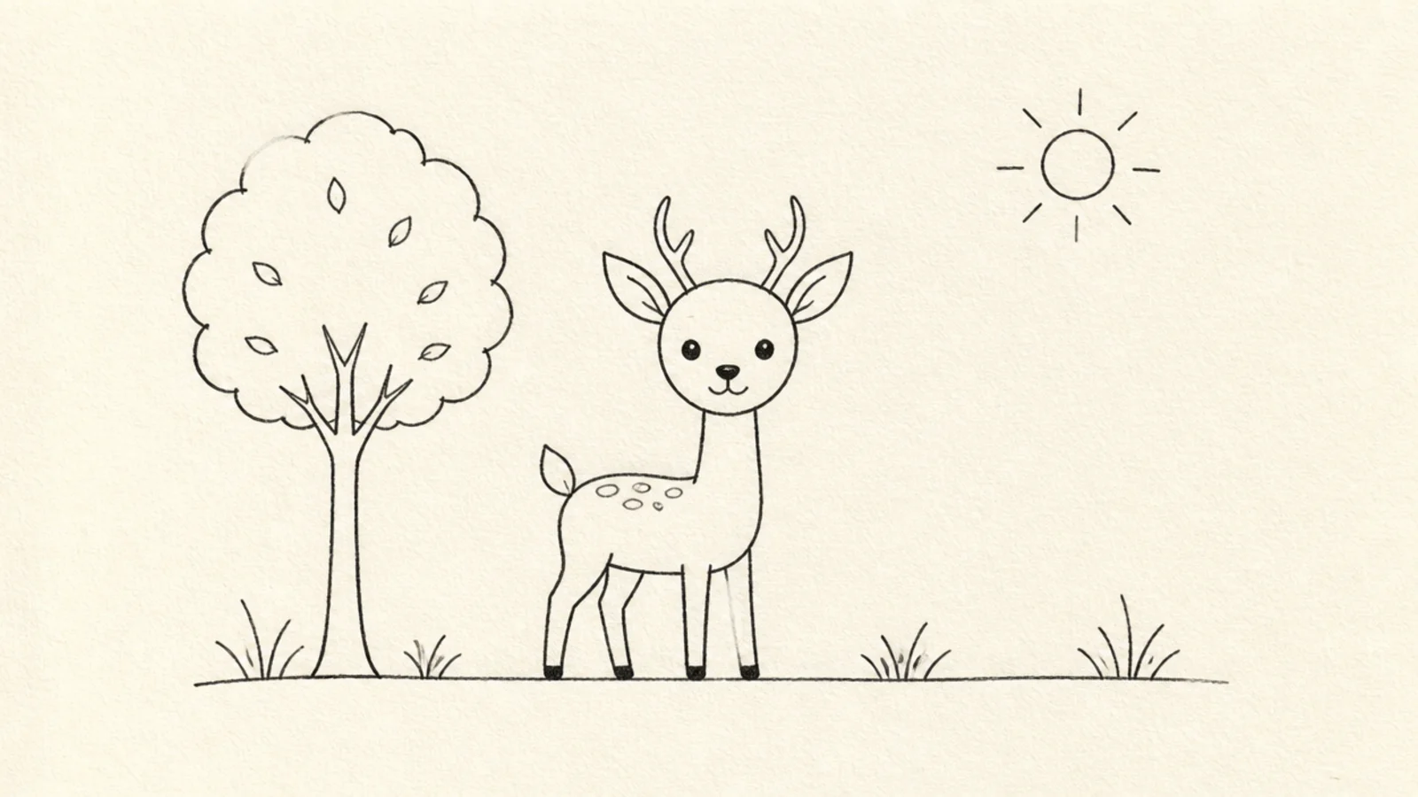 A deer standing on a grass line with a small tree and sun behind