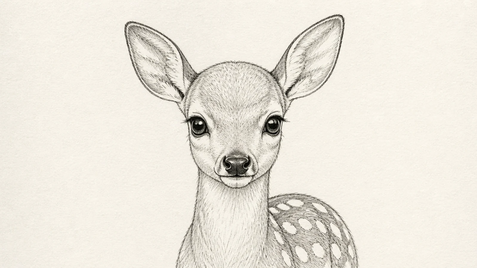 A close-up of a young fawn's upper body covered in light spots