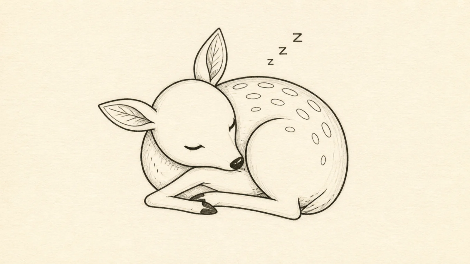 A deer curled up asleep with its head resting on its back