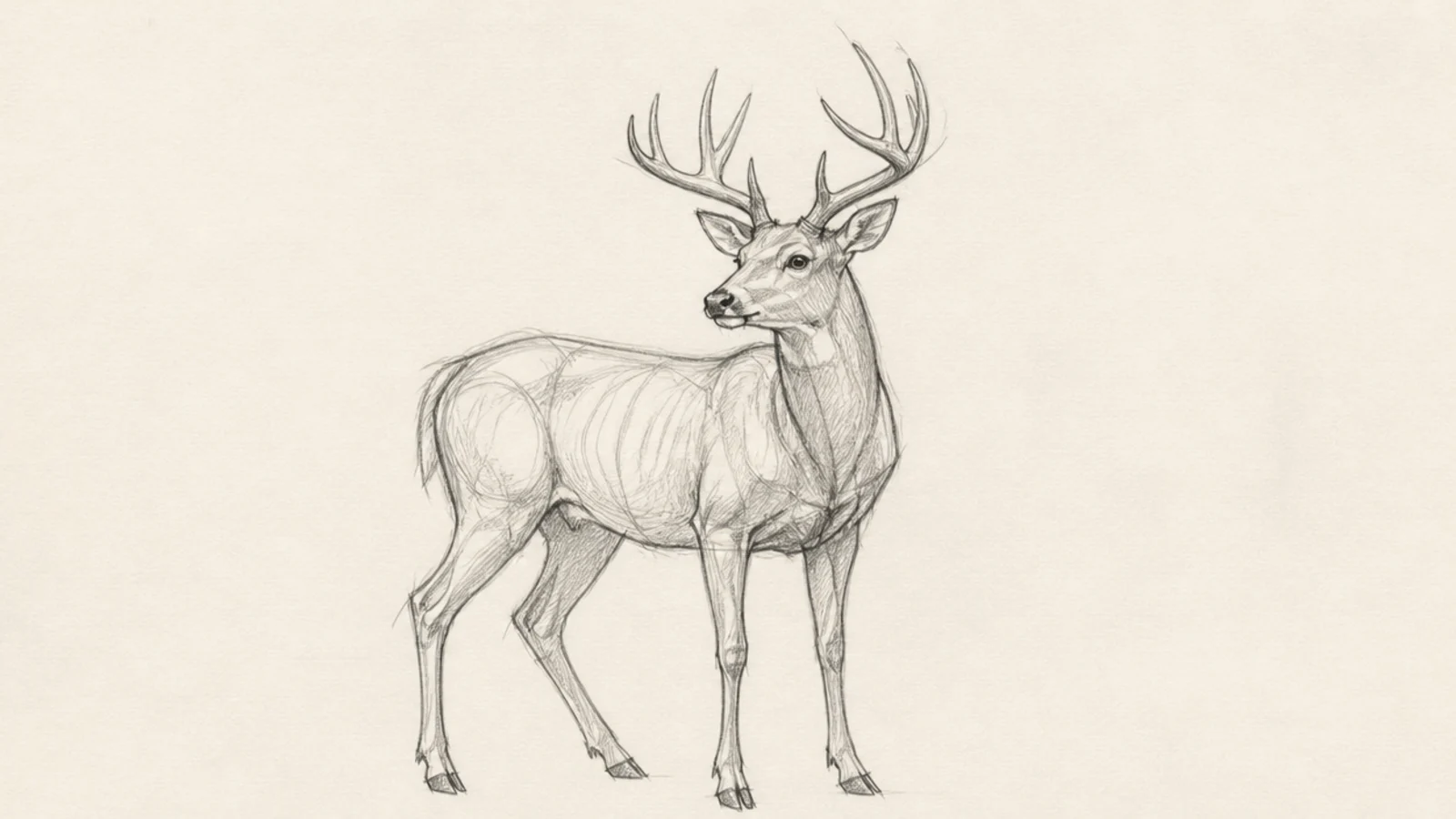 A loosely sketched standing buck with visible construction ovals