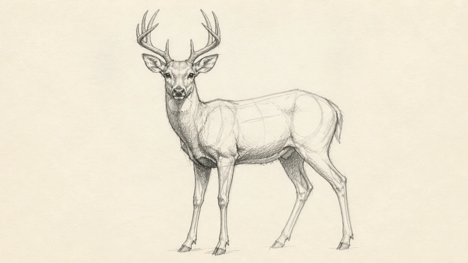 A deer sketch shaded with loose crosshatching for value