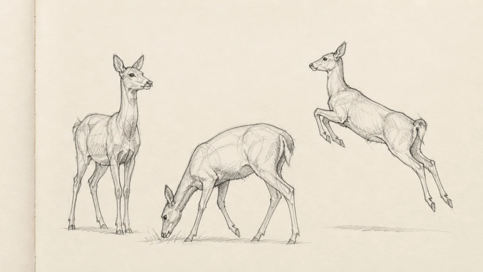 A sketchbook page with three quick deer poses in different stances