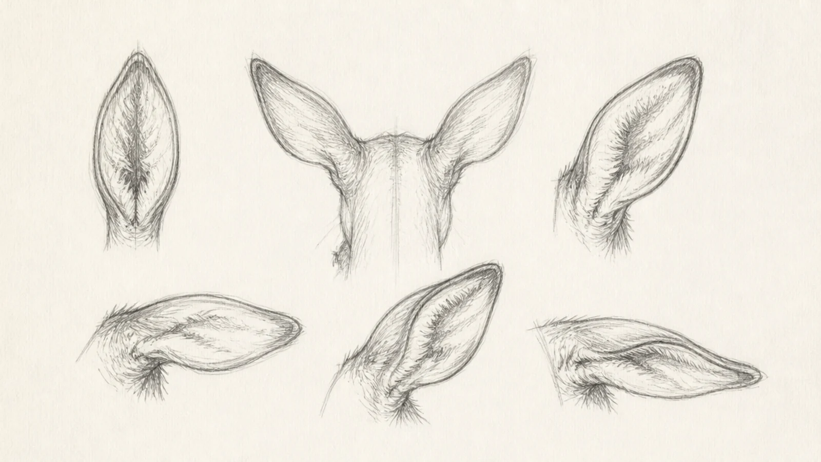 A study of deer ears drawn at several angles