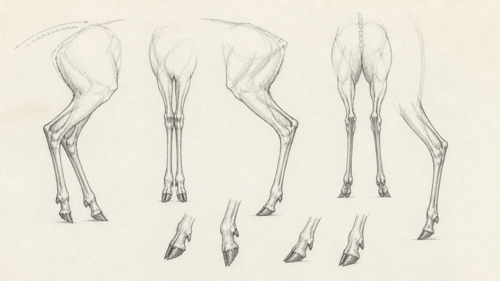 A study sheet of deer legs showing joints and hooves