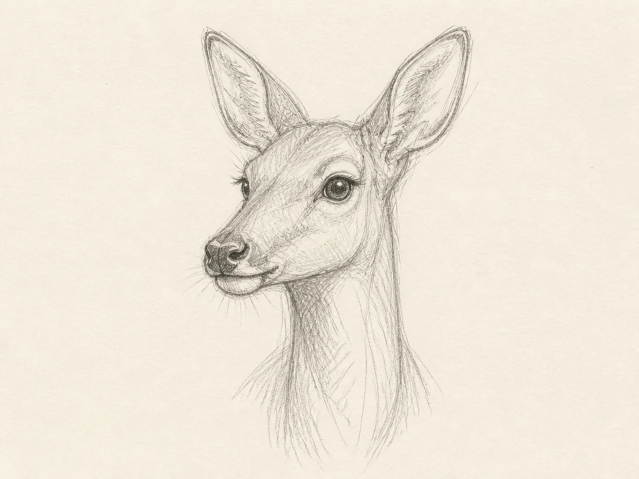 A soft loose portrait sketch of a doe's head and neck