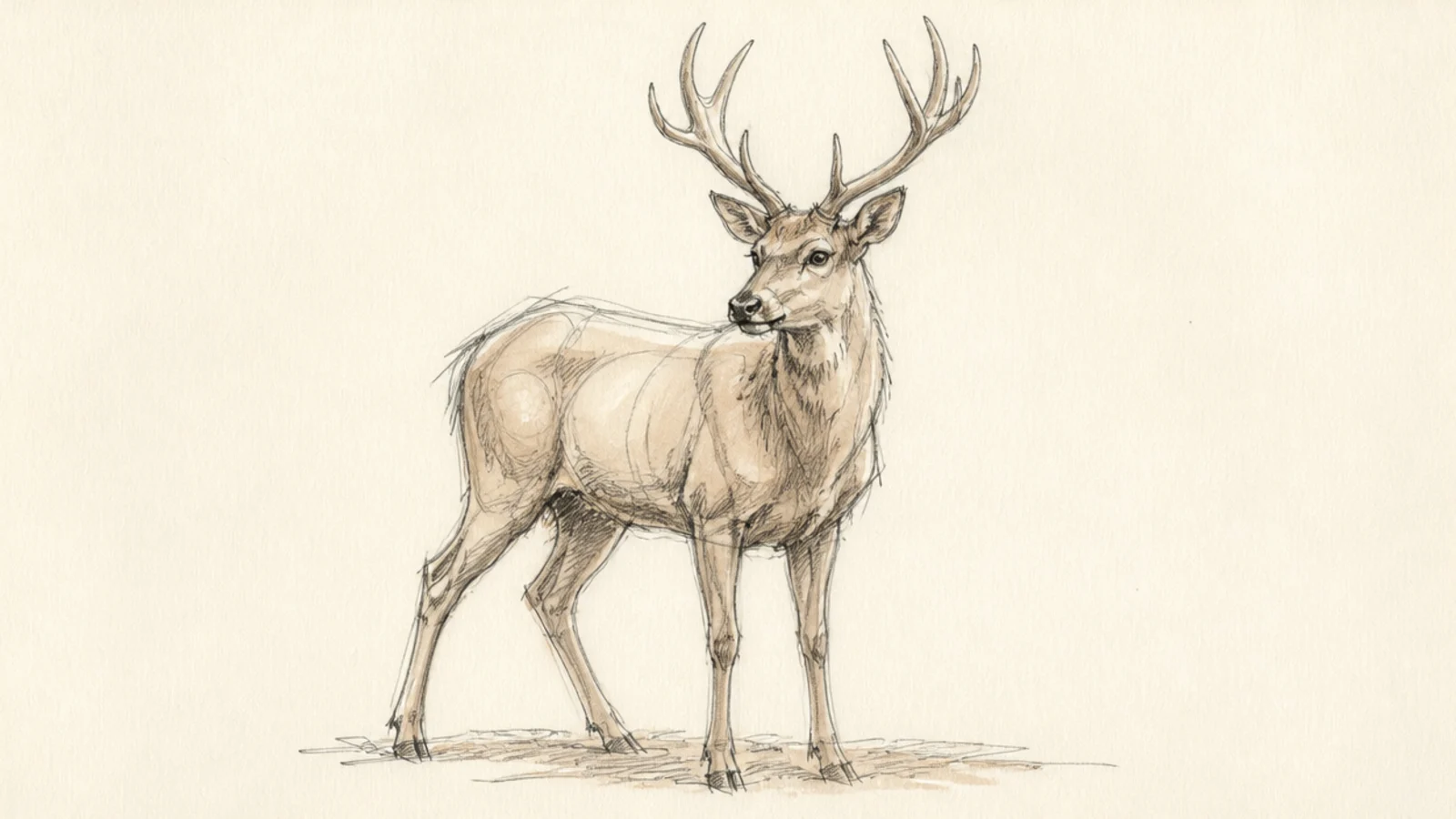 A loose pencil deer sketch with a light watercolor wash over it