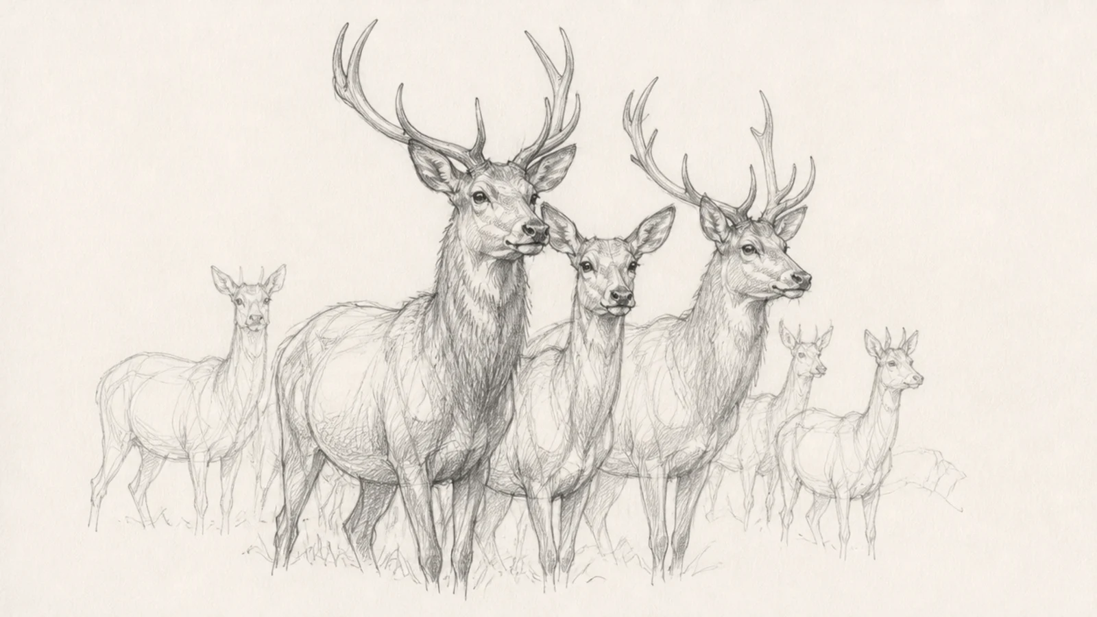 A loose sketch of several deer in a herd at different distances