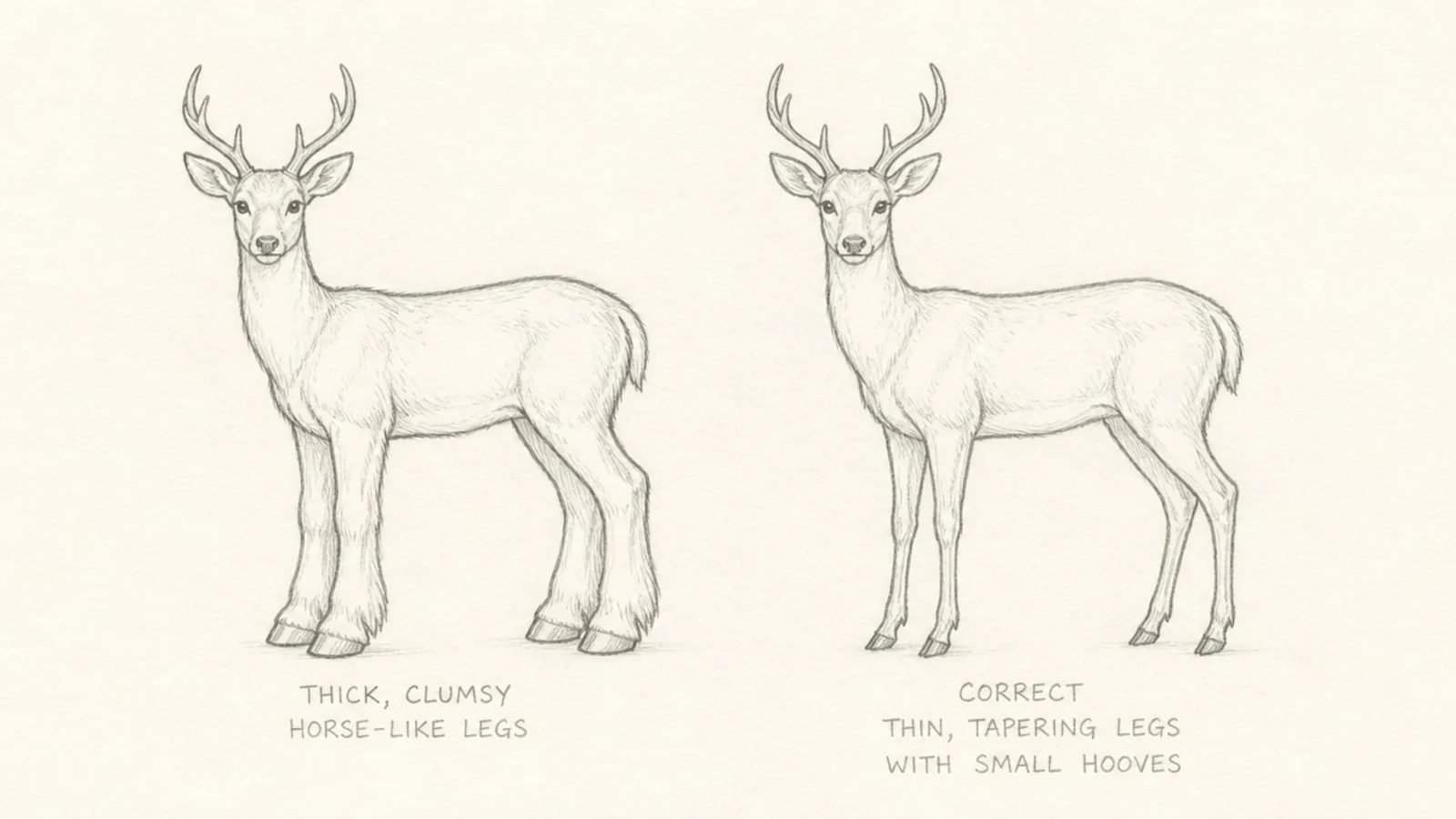 A comparison of a deer with thick clumsy legs beside one with thin legs