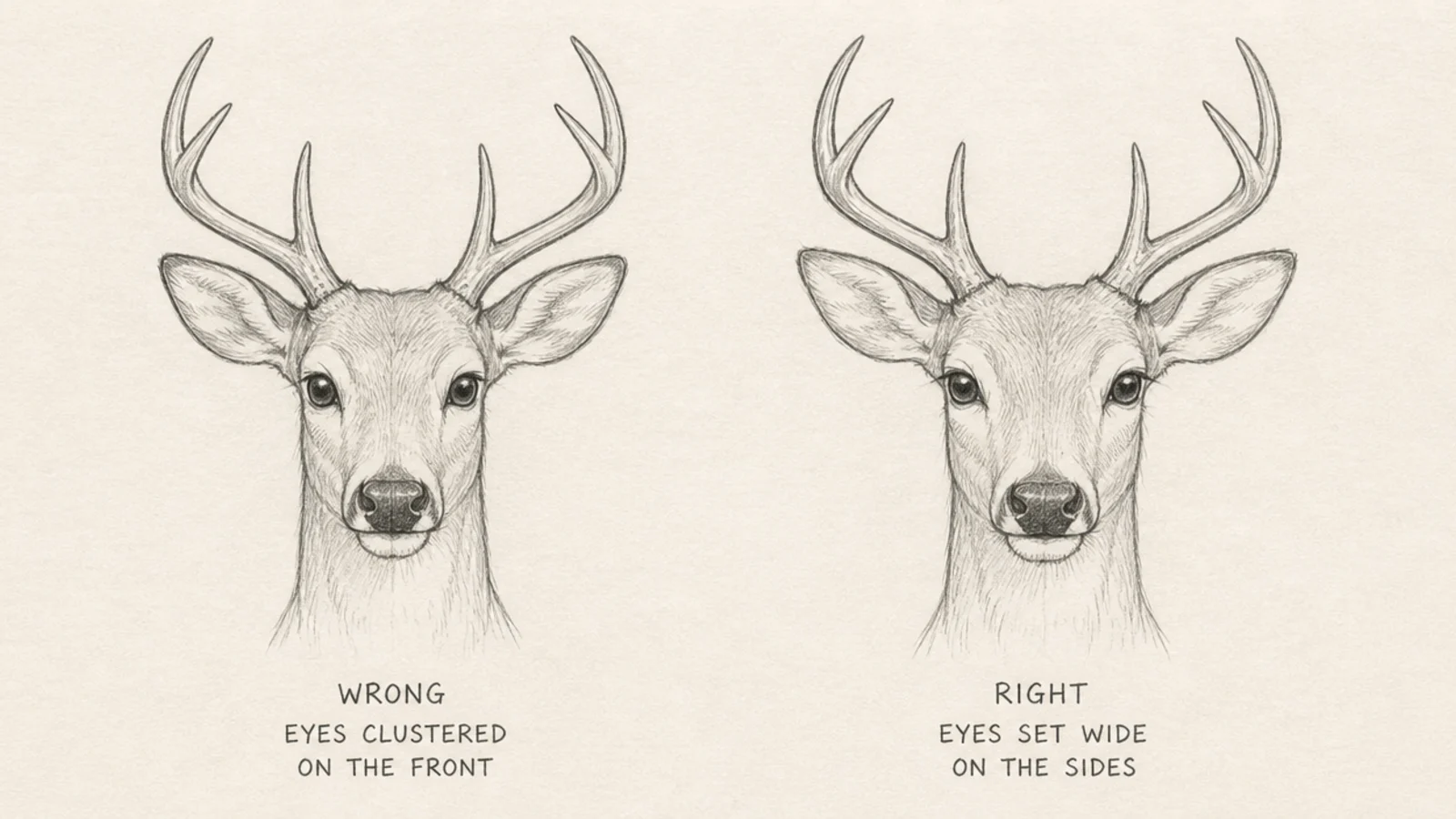 A comparison of a deer with front-set eyes beside one with side-set eyes