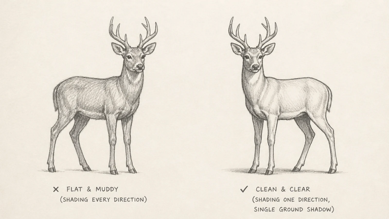A comparison of muddy multi-direction shading beside clean one-light shading