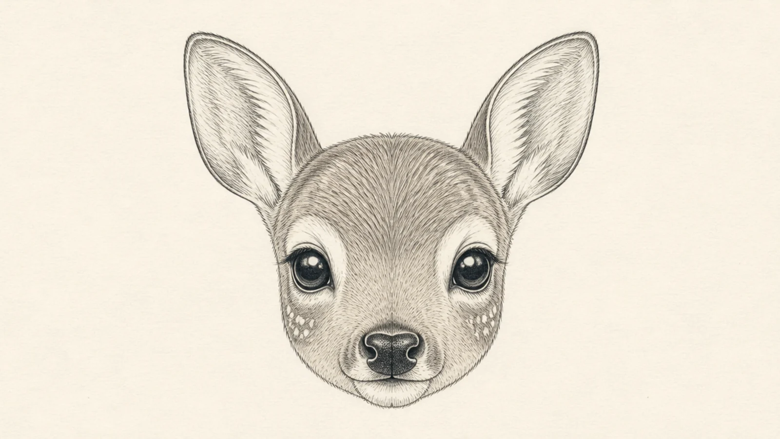 A front-facing fawn face with big eyes and no antlers
