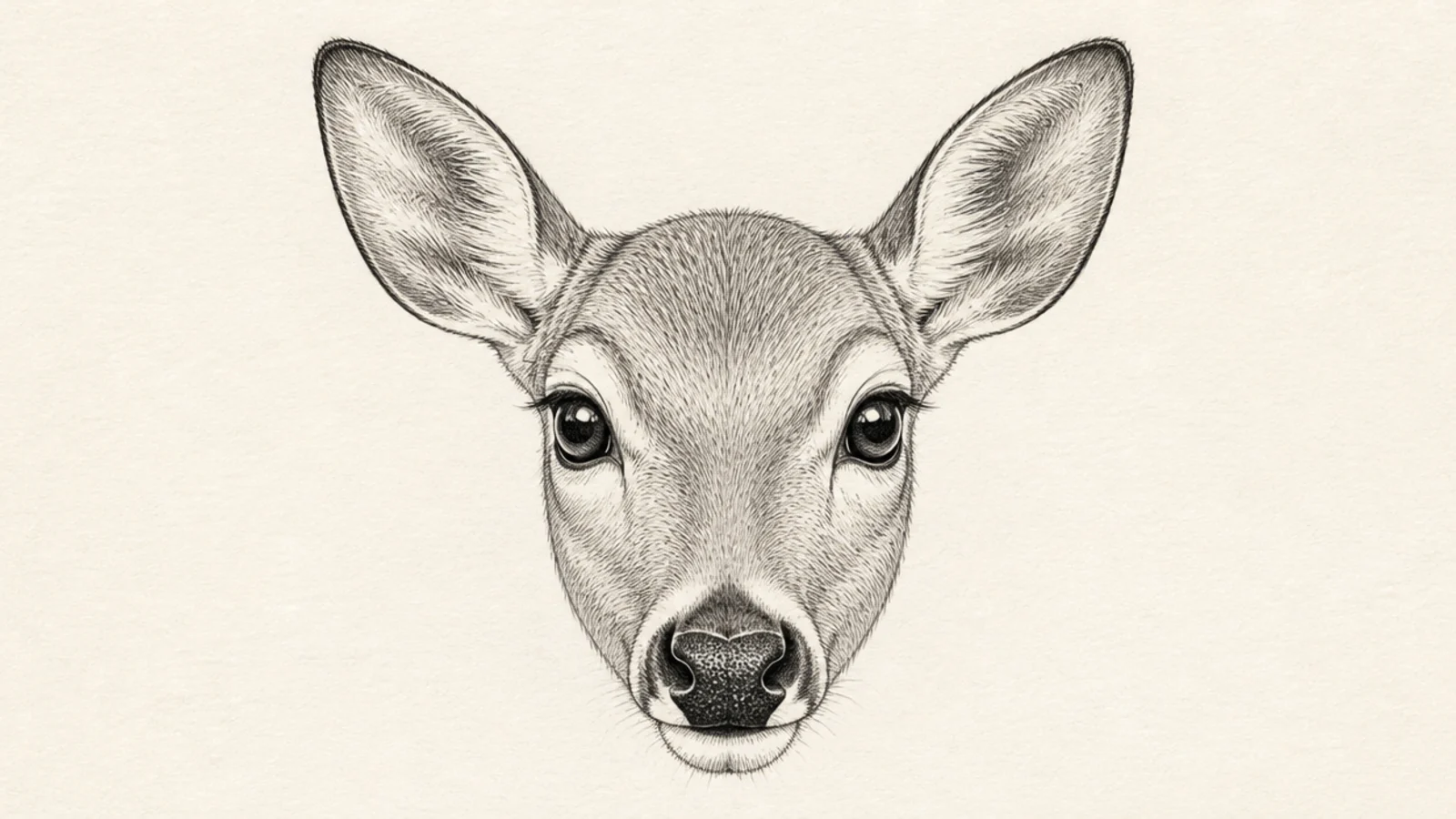 A deer face with both ears pointed forward and wide eyes