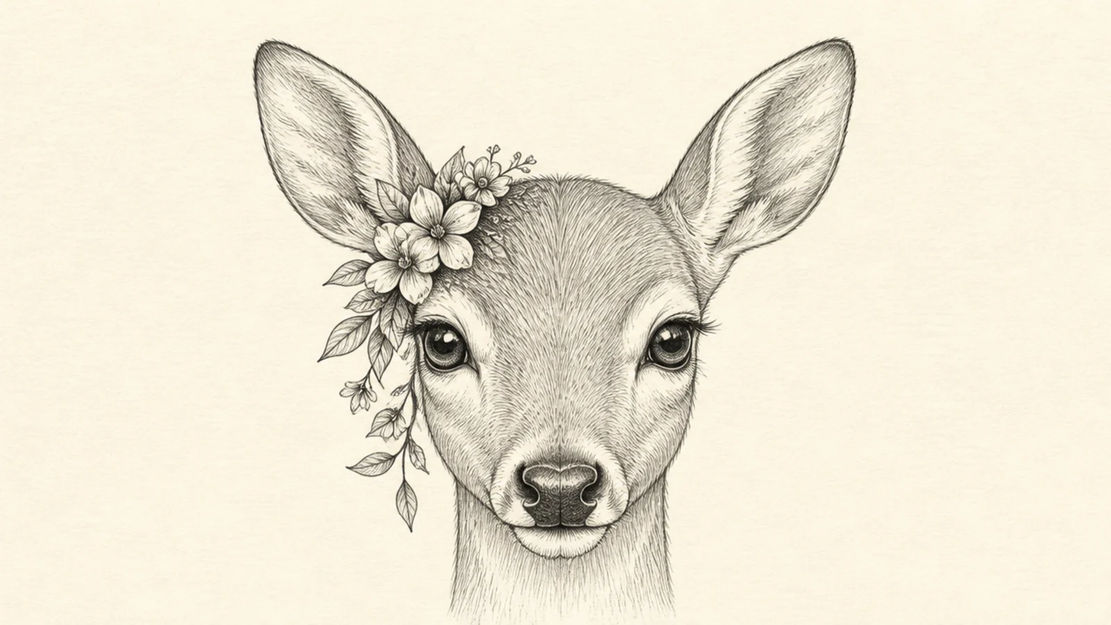 A deer face with small flowers tucked behind the ears
