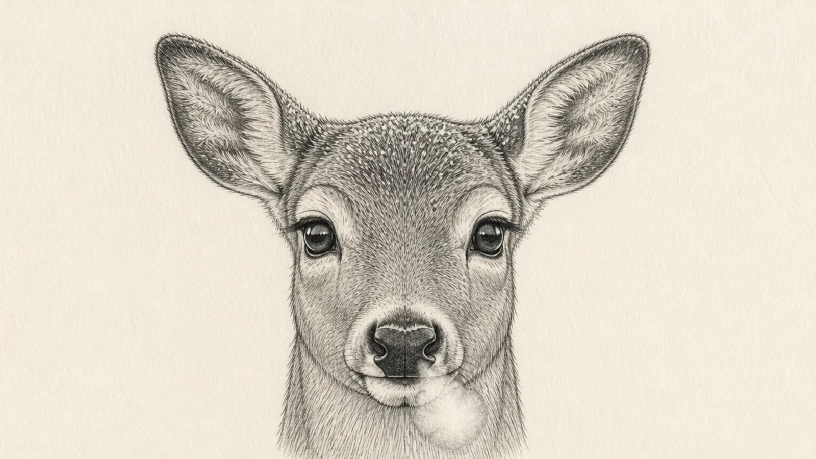 A front deer face with frost on the fur and breath showing