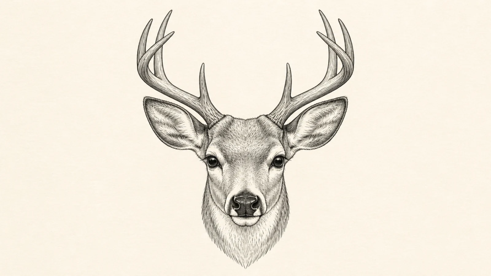 A symmetrical front view of a buck's head with antlers