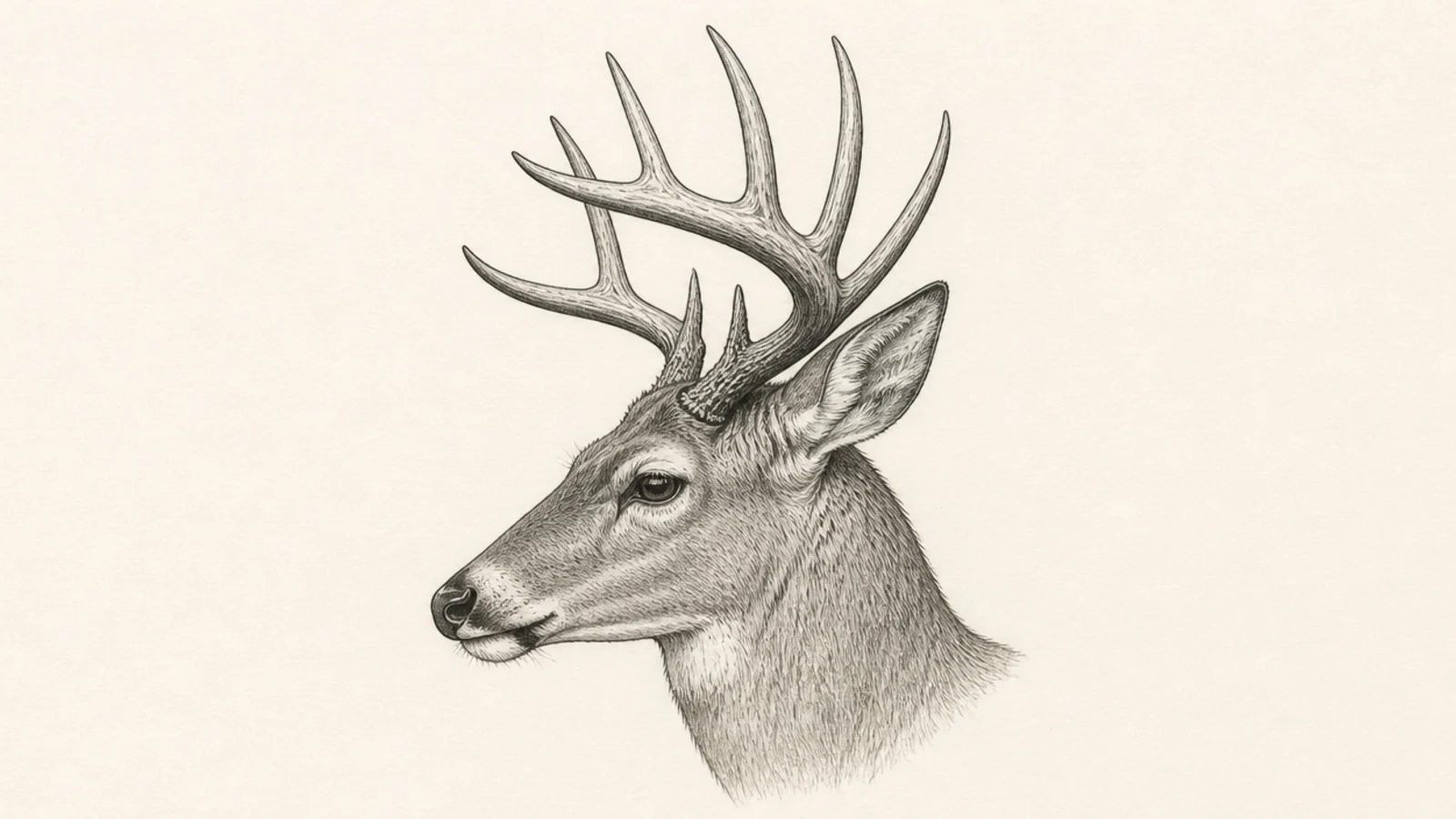 A full side profile of a buck's head with antlers sweeping back