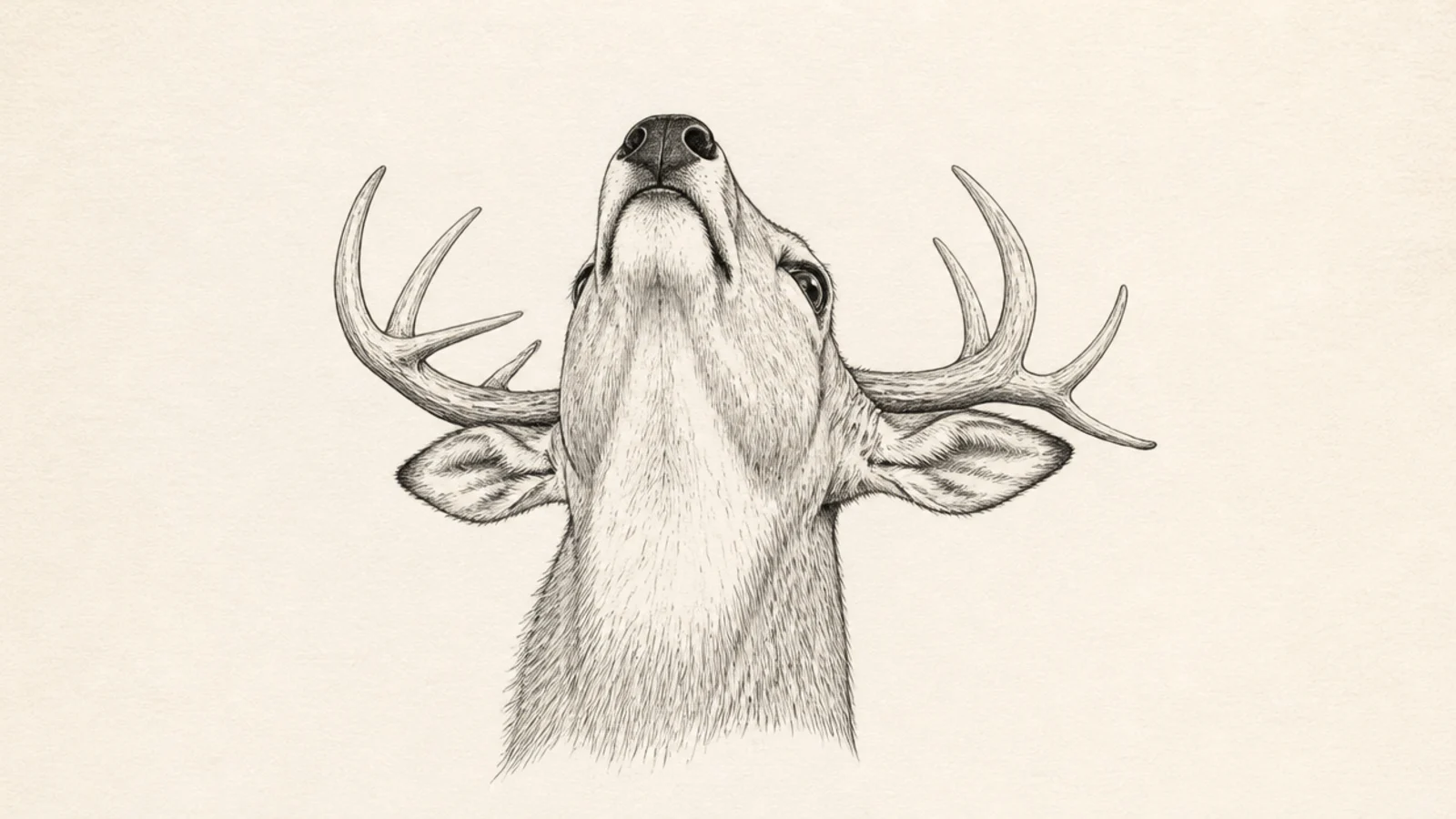 A deer head tilted upward with the chin raised