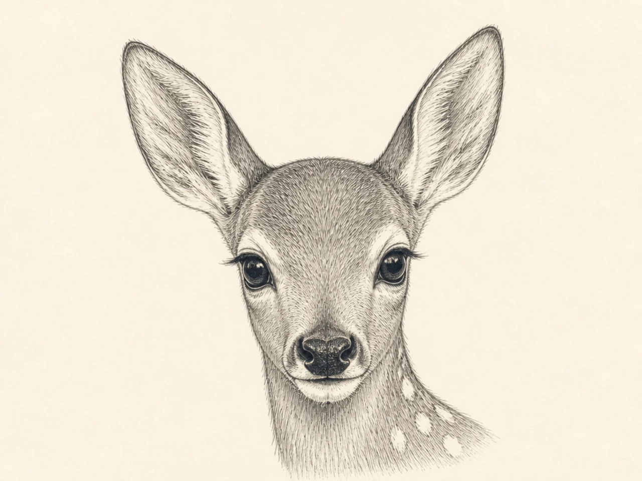 A close portrait of a fawn's head with big eyes and no antlers