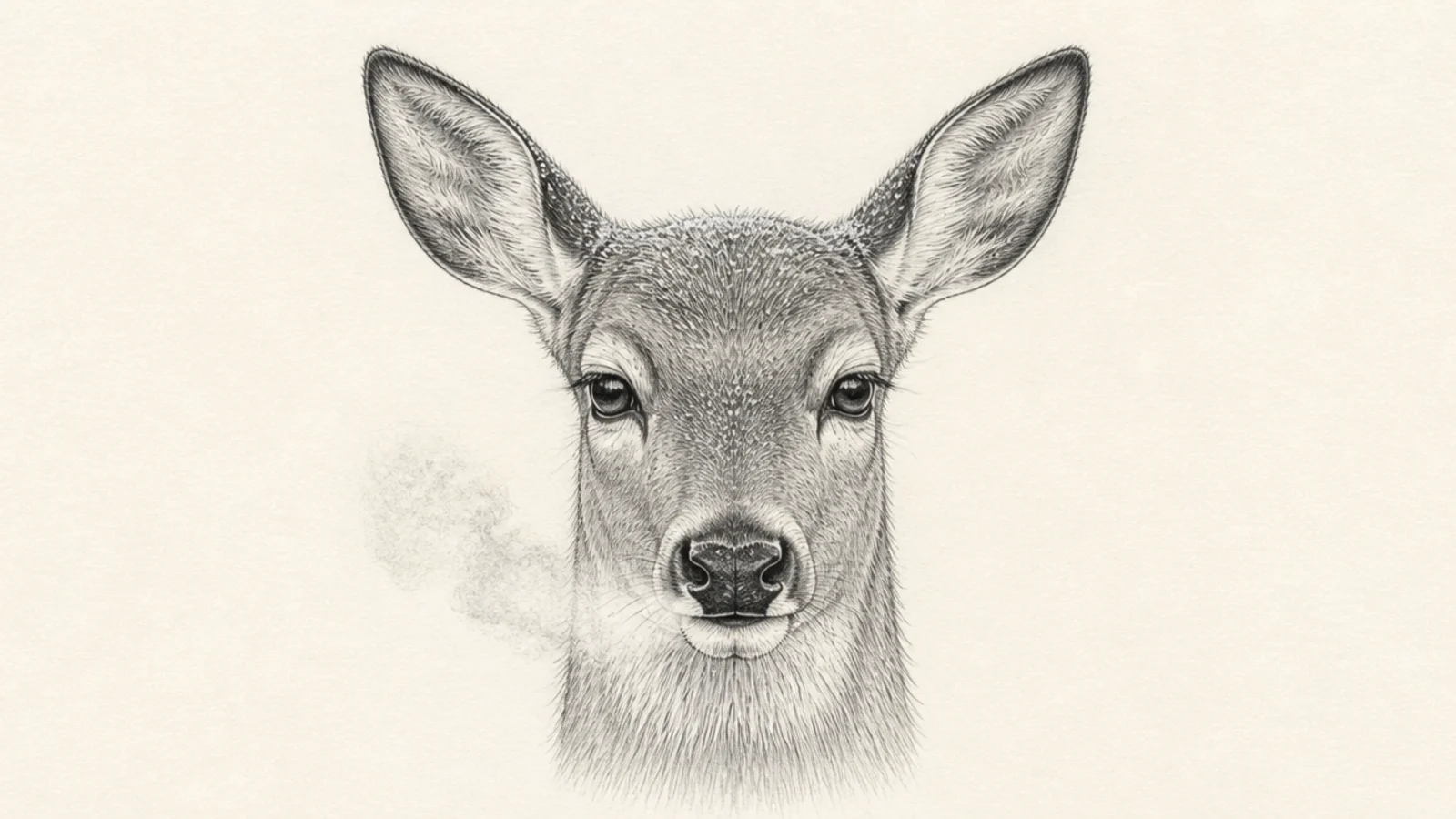 A deer head with frost on its fur and breath in cold air