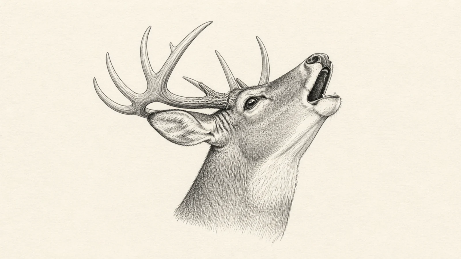 A buck head with its mouth open calling and antlers back