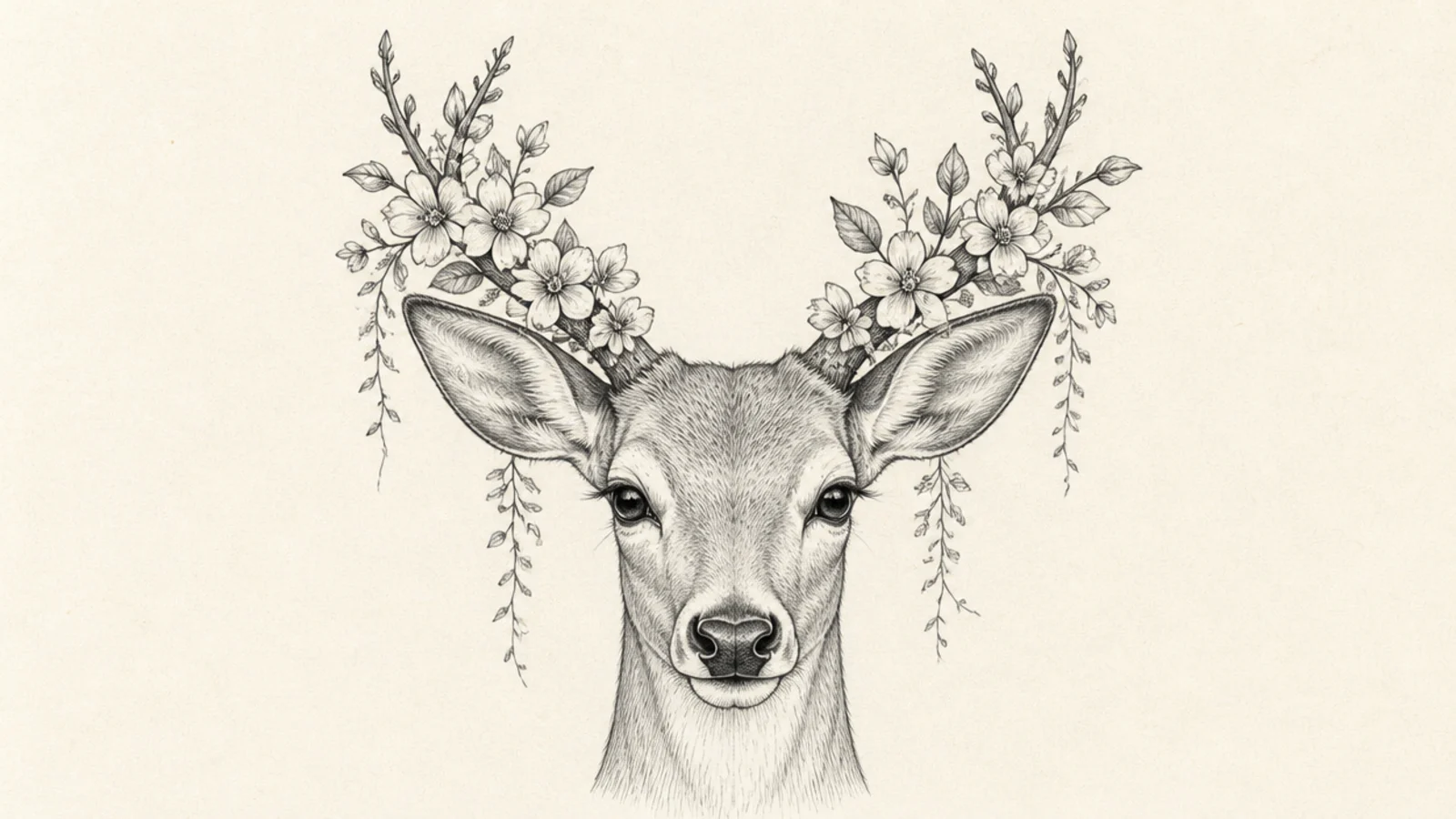 A deer head with flowers woven among its antlers