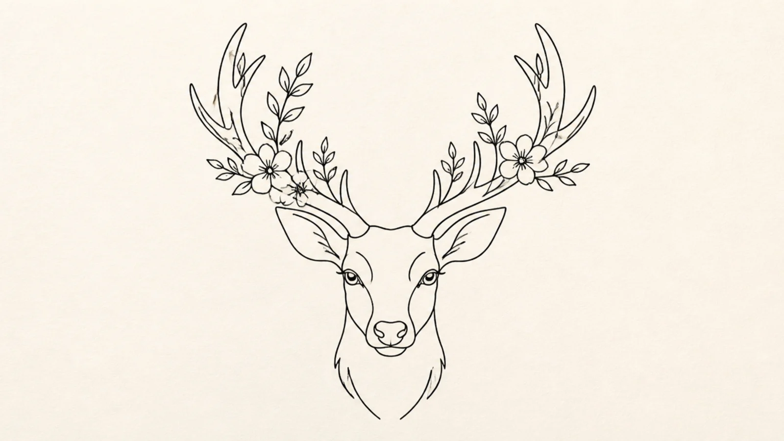 A minimalist deer head with a few line-drawn flowers in the antlers