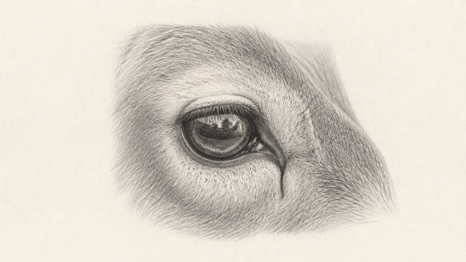 A finely rendered graphite study of a deer's eye