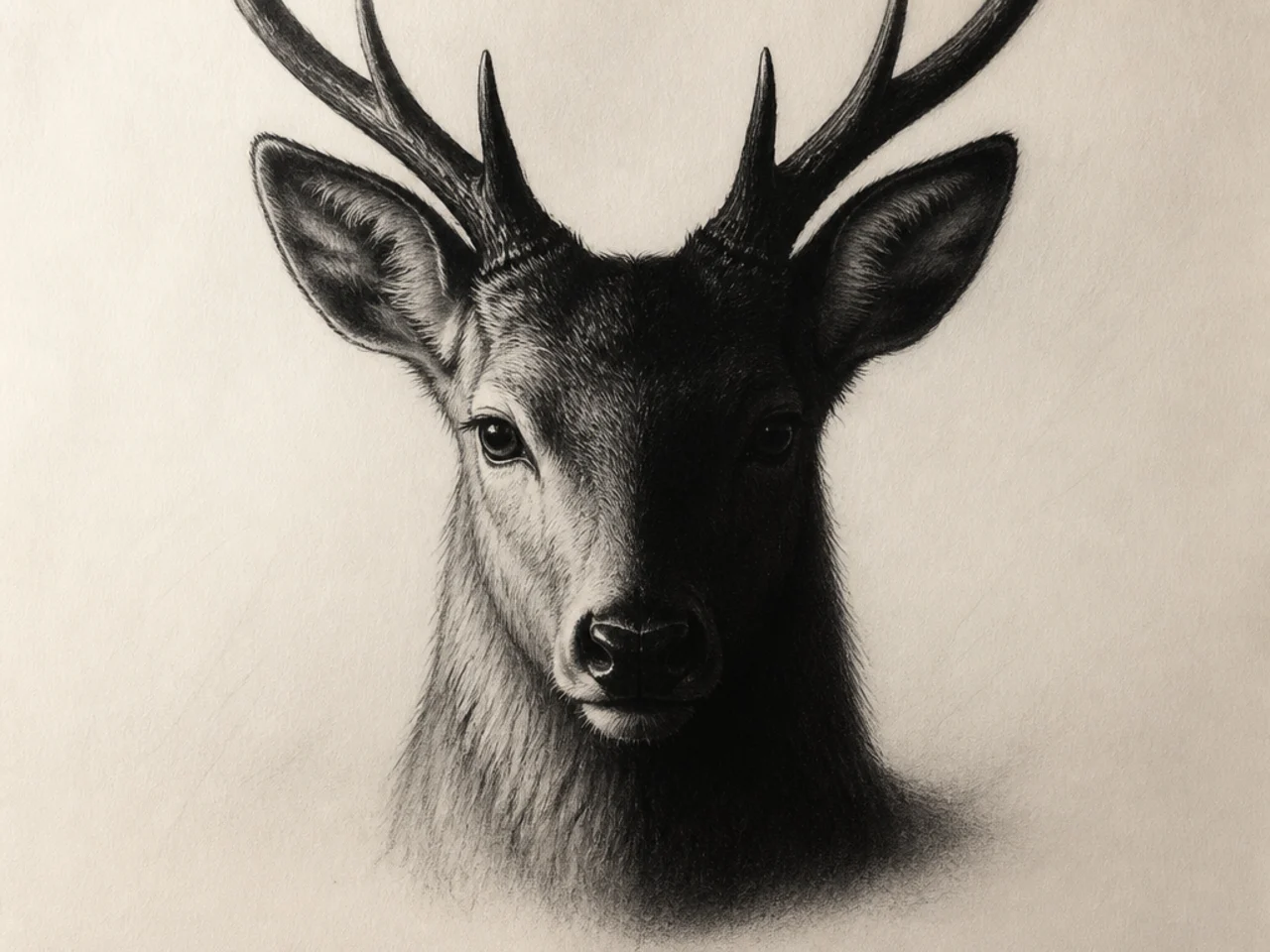 A moody charcoal deer portrait with deep black shadows