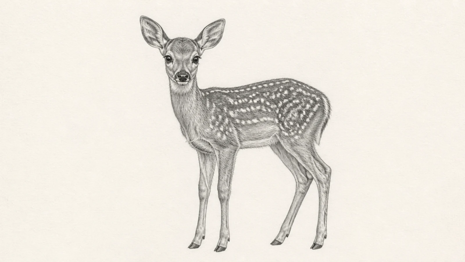 A detailed graphite fawn with sharp spots and fine fur