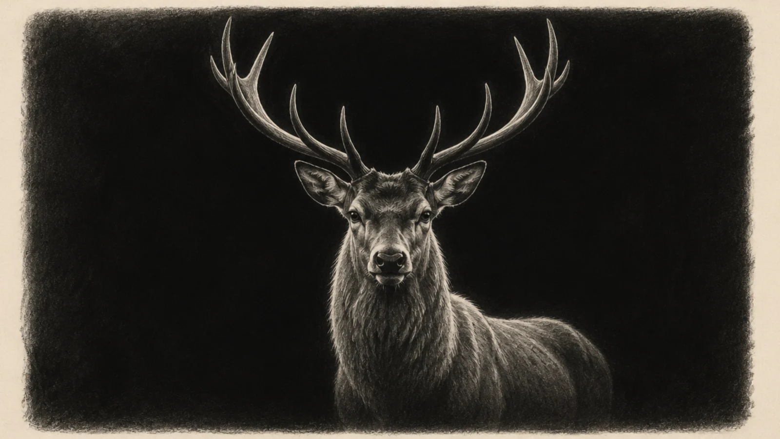 A charcoal stag emerging from a deep black background