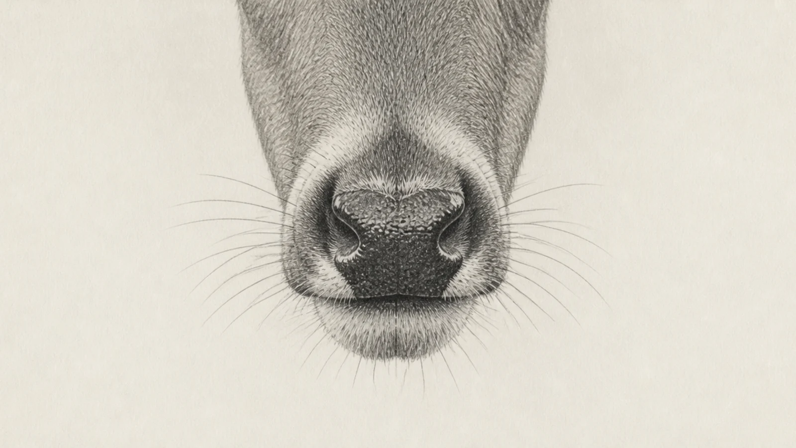 A graphite muzzle study with fine whiskers and a wet nose