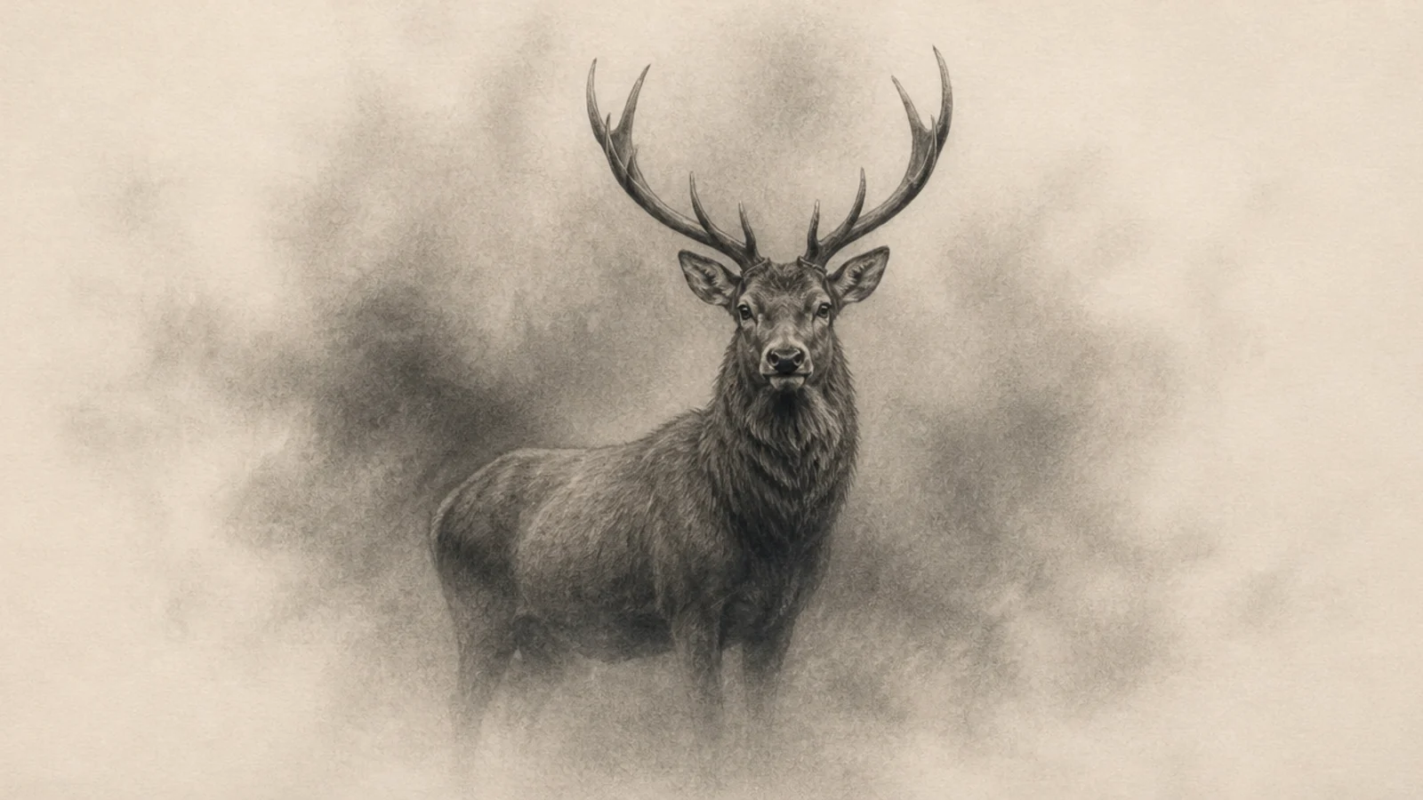 A charcoal deer standing in misty smoky atmosphere