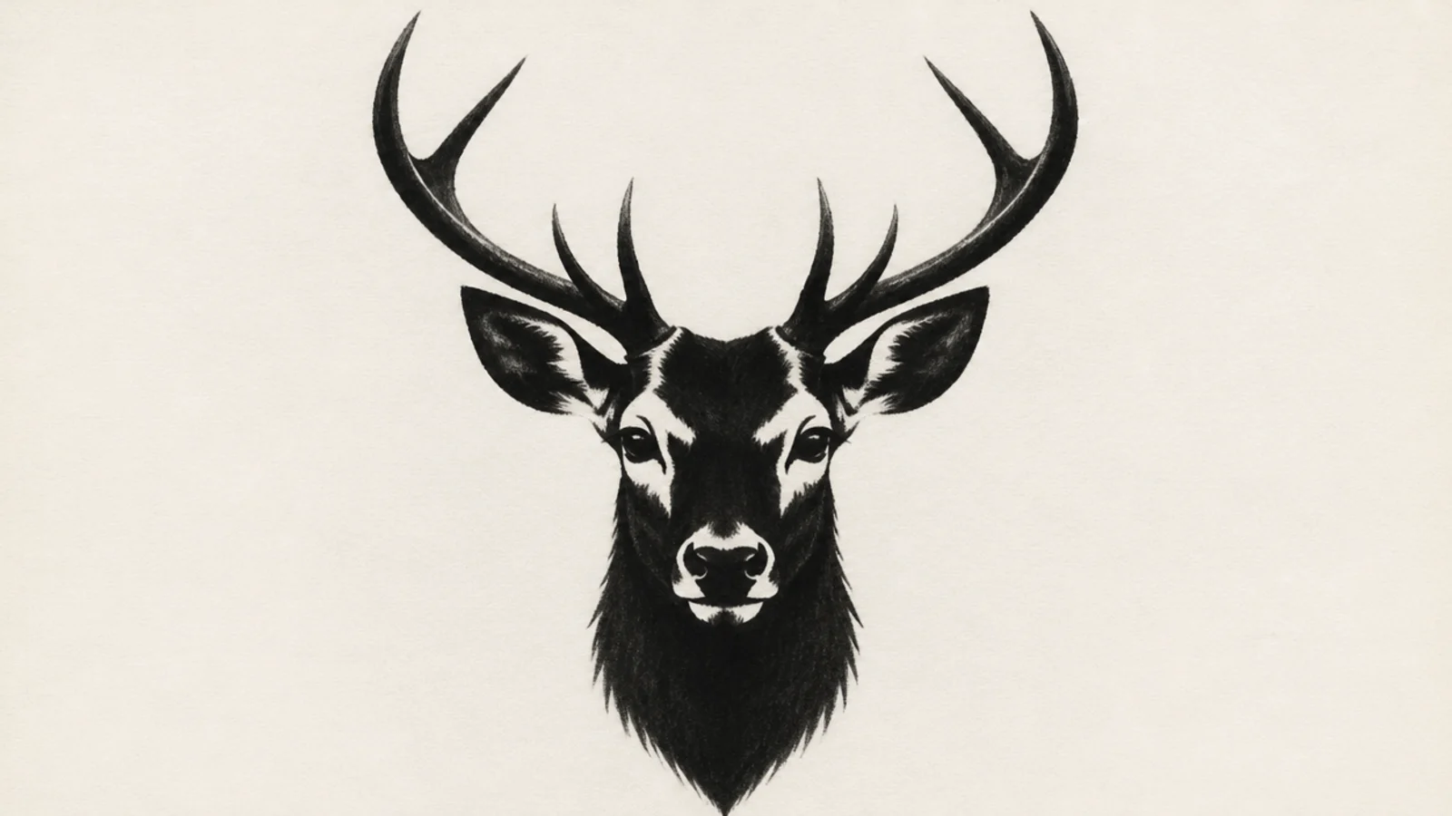 A charcoal deer head with stark black and white contrast