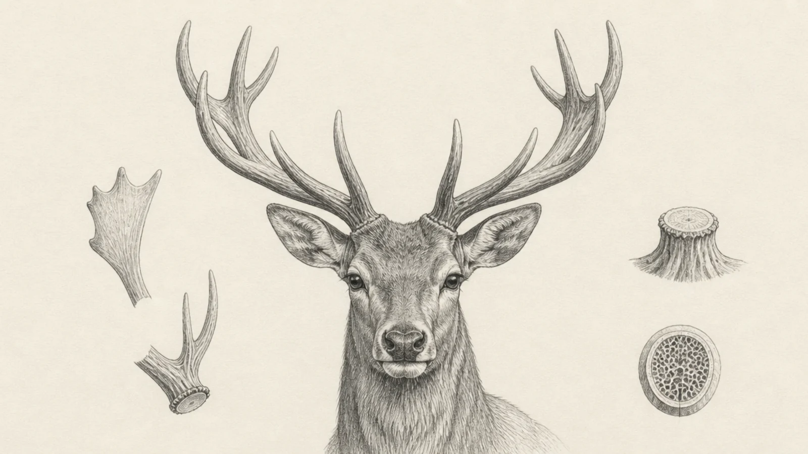 A fine graphite study of an antler like a botanical plate