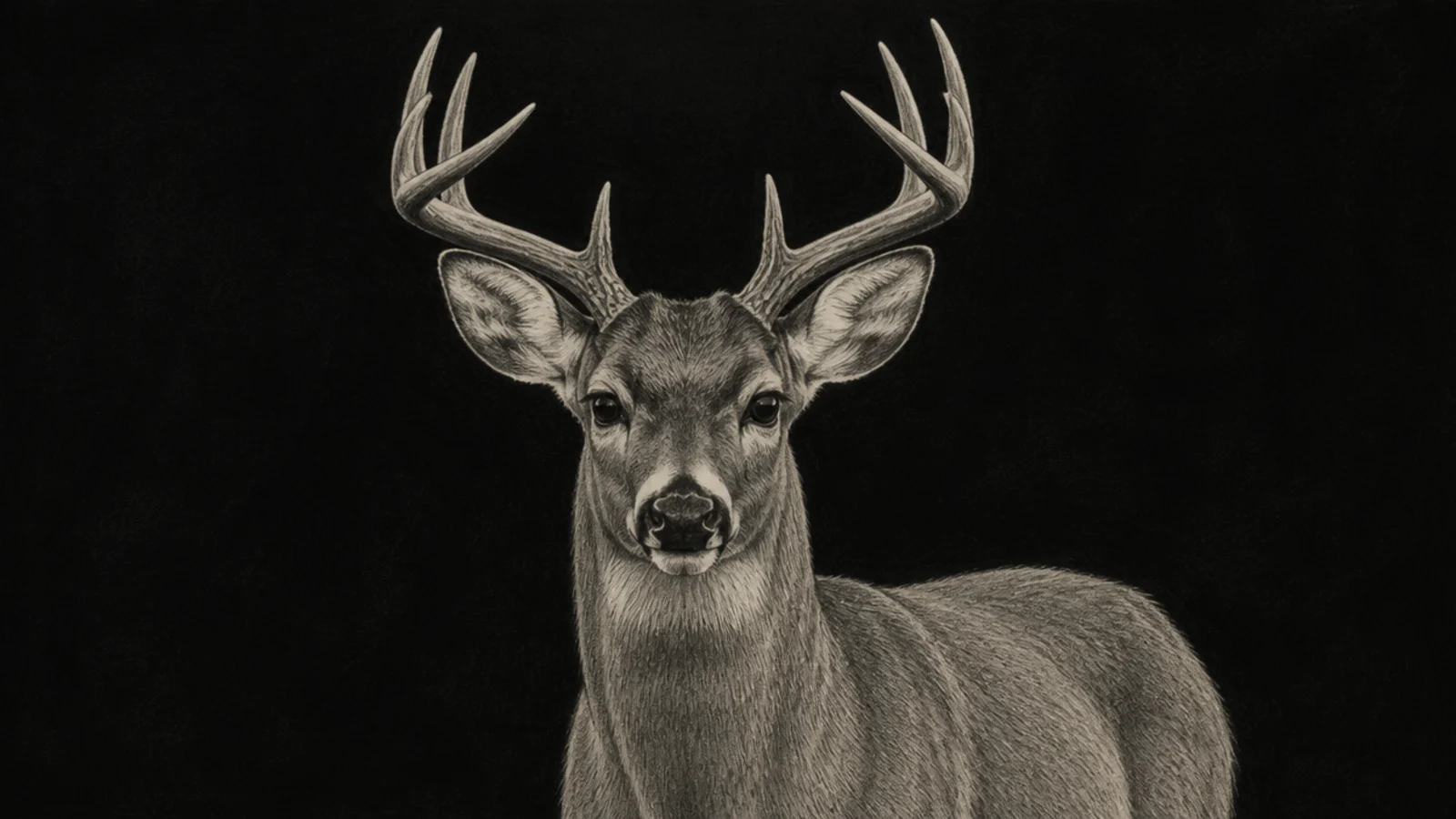 A deer against a rich velvety black charcoal background