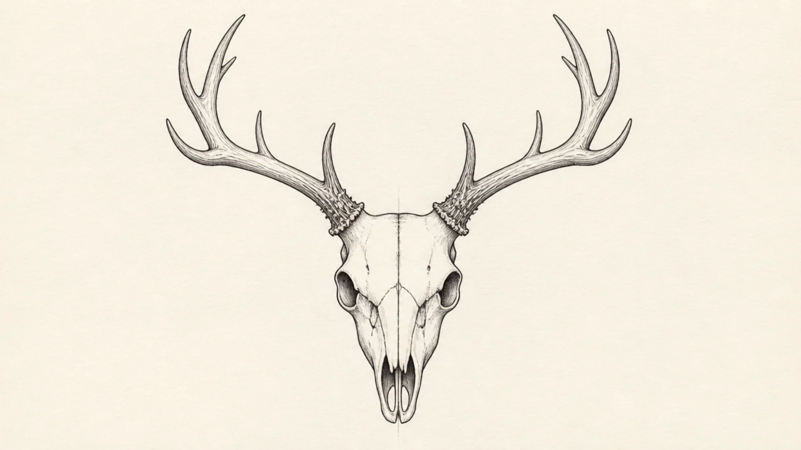 A perfectly symmetrical front view of a deer skull with balanced antlers