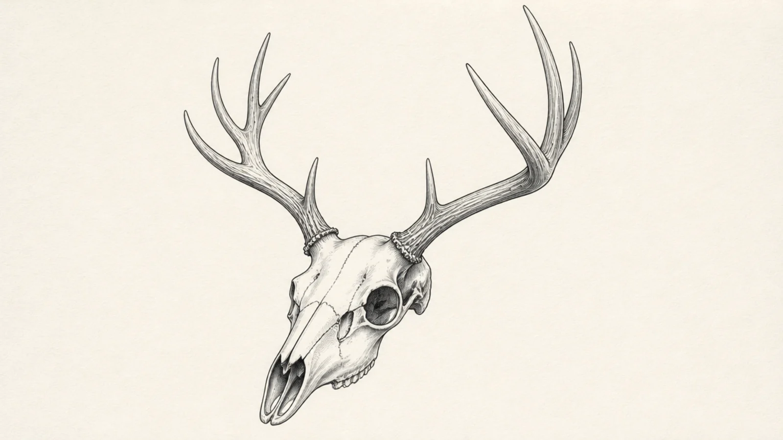 A deer skull drawn at a three-quarter angle showing depth