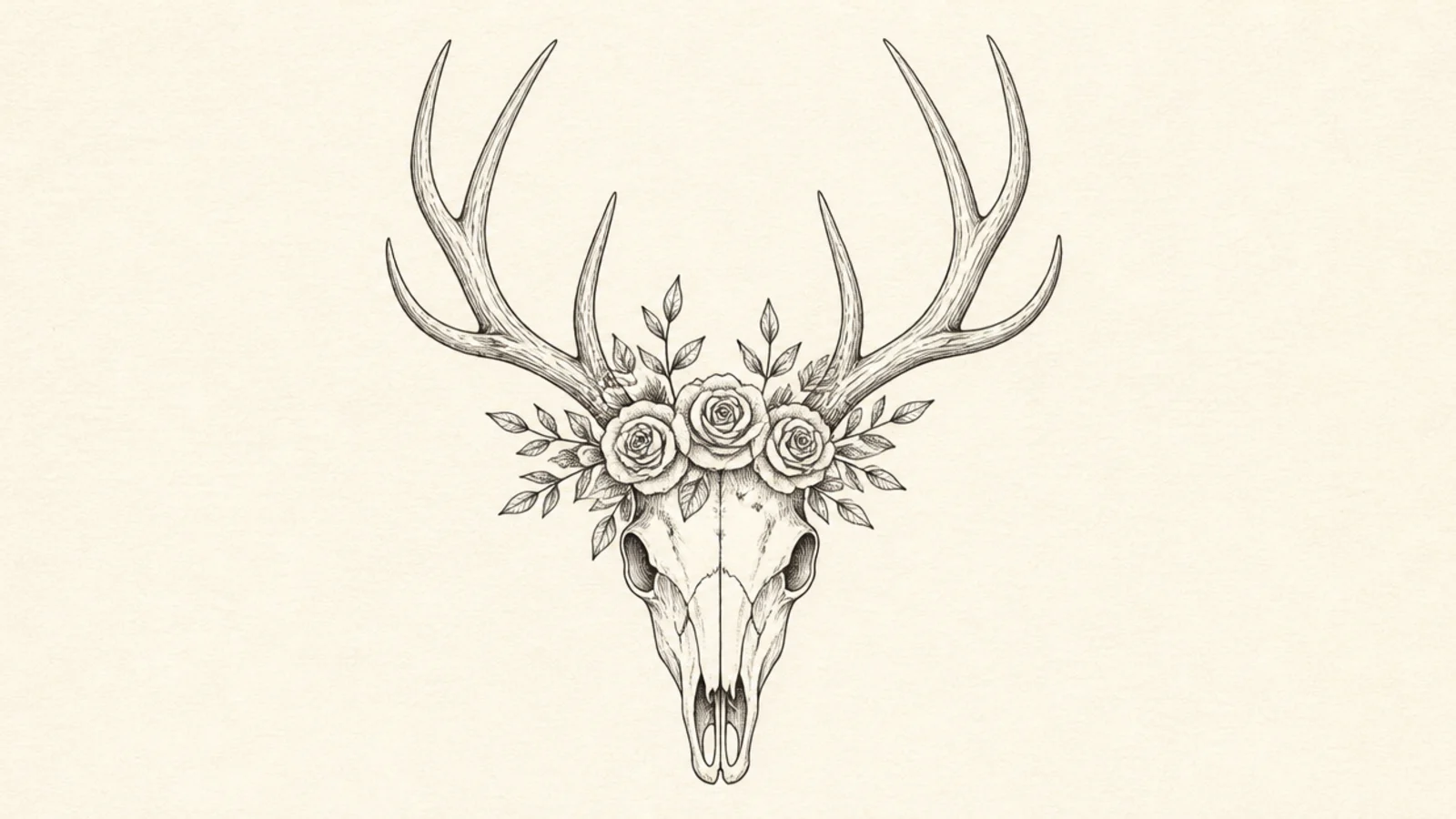 A deer skull with a crown of roses resting between the antlers