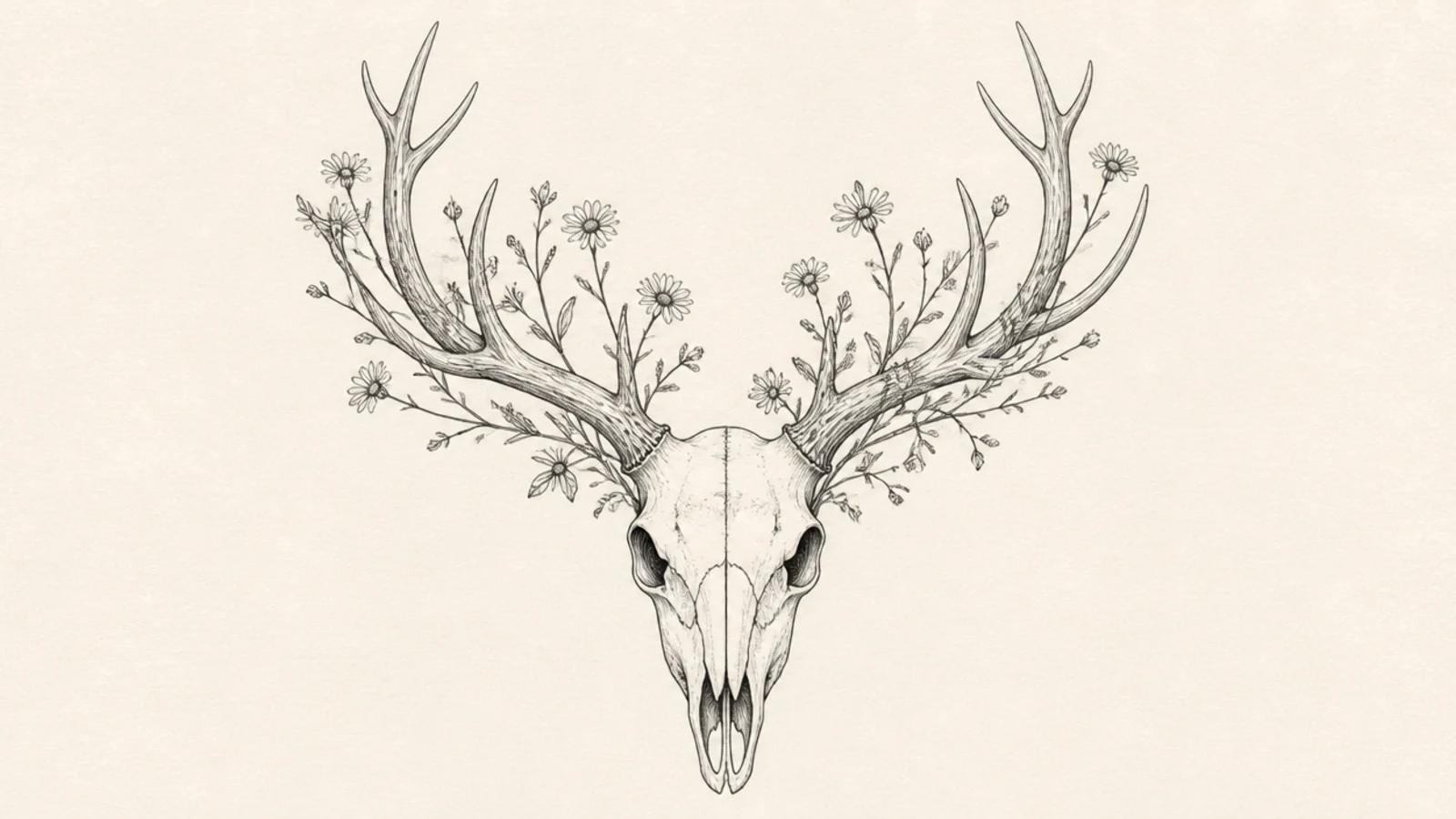 A deer skull with delicate wildflowers woven through the antlers